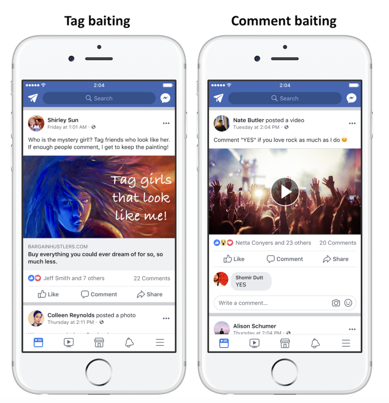 「標籤誘餌」與「留言誘餌」類型說明。圖片來源:Facebook NewsRoom。