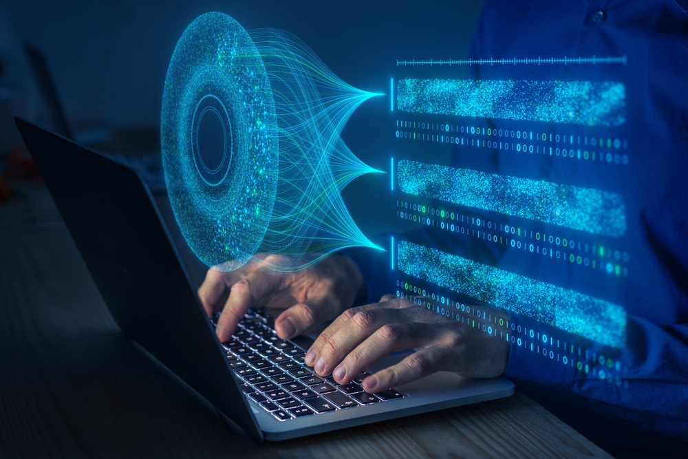 Big data analysis with AI technology. Person using machine learning and deep learning neural network for data science, data mining, business analytics, quantum computing