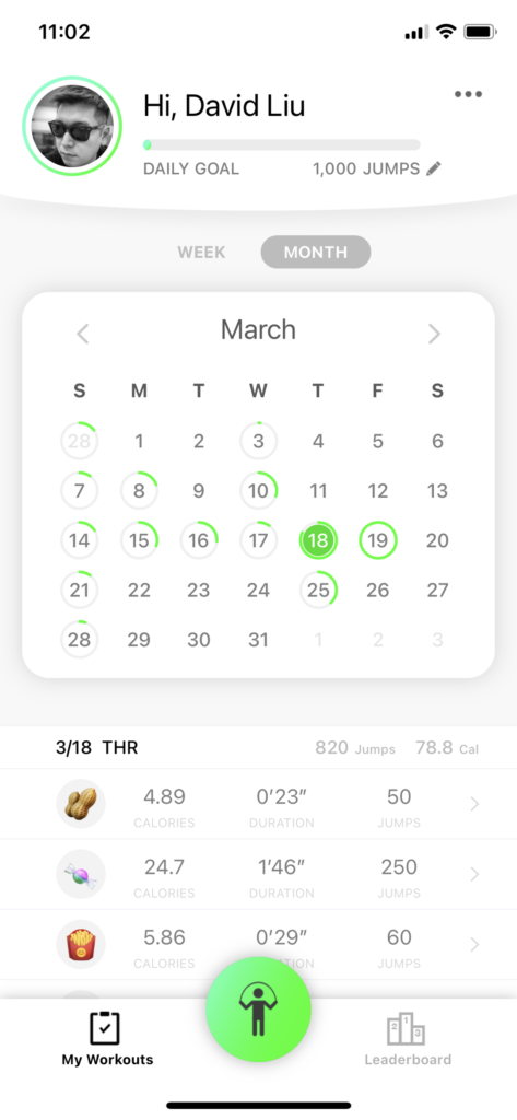 每次運動時,在家運動 APP Jumpr Jumpr 都會統計玩家跳繩次數、速度與燃燒熱量。所有的運動記錄也會儲存下來,幫助使用者掌握每日/周/月的運動量。