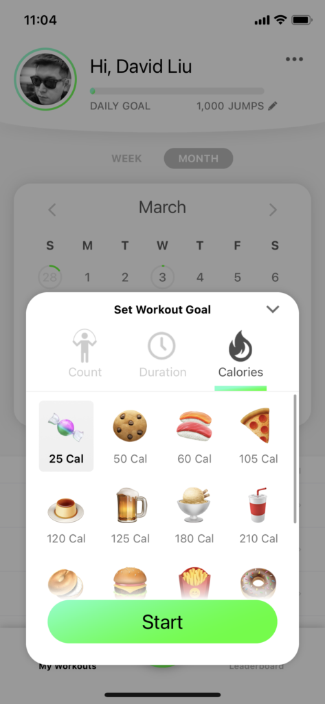 在家運動 APP Jumpr:在每次運動前,使用者也可以選擇食物作為燃燒熱量目標